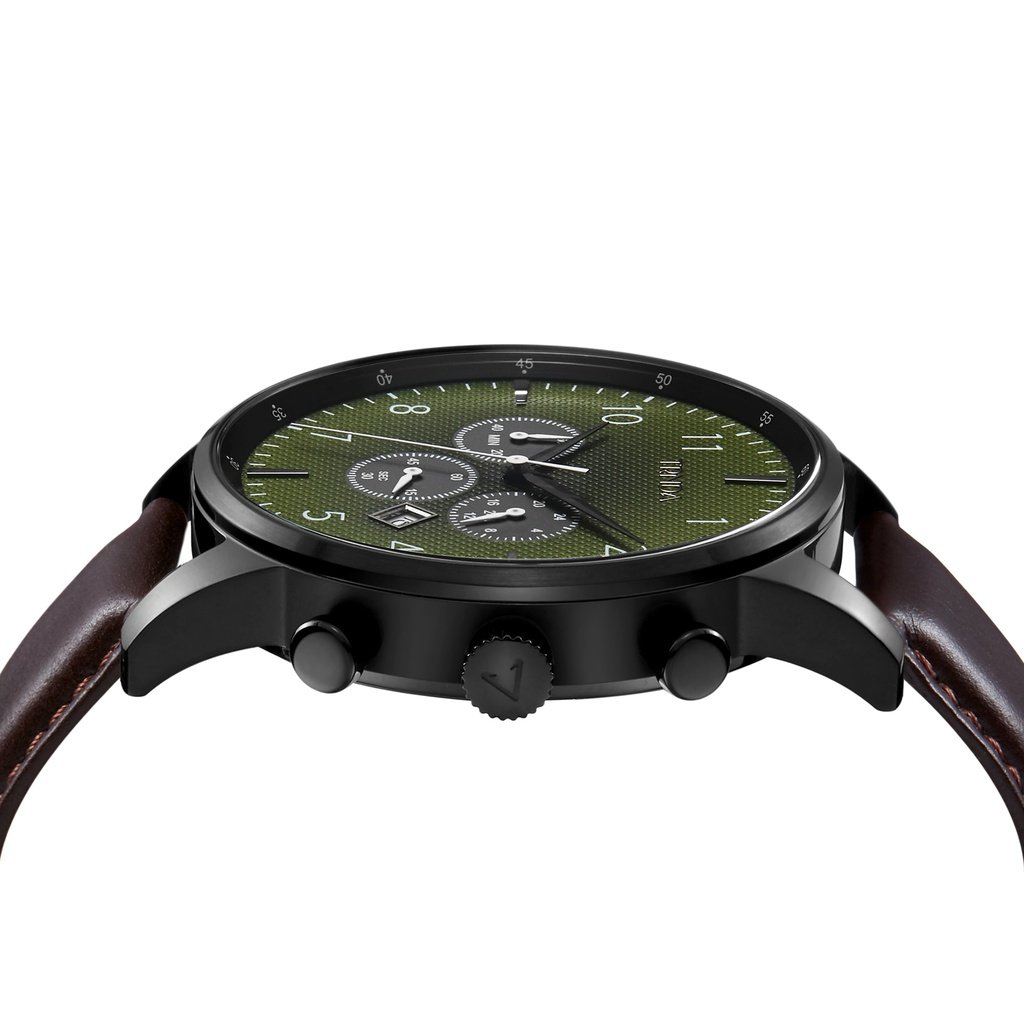 TRNDA STAINLESS STEEL MEN'S WATCH - TIMELESS BLACK & SEAWEED GREEN DIAL with BROWN LEATHER BAND