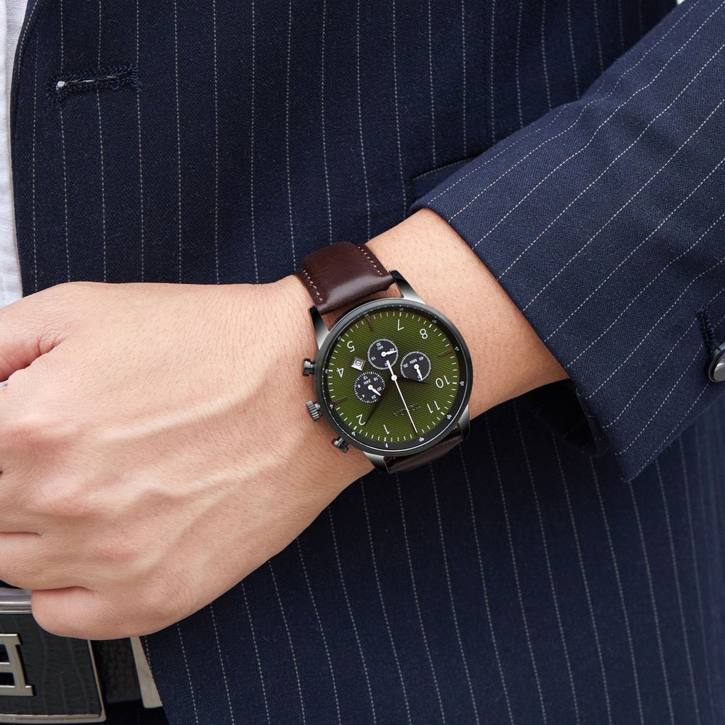 TRNDA STAINLESS STEEL MEN'S WATCH - TIMELESS BLACK & SEAWEED GREEN DIAL with BROWN LEATHER BAND