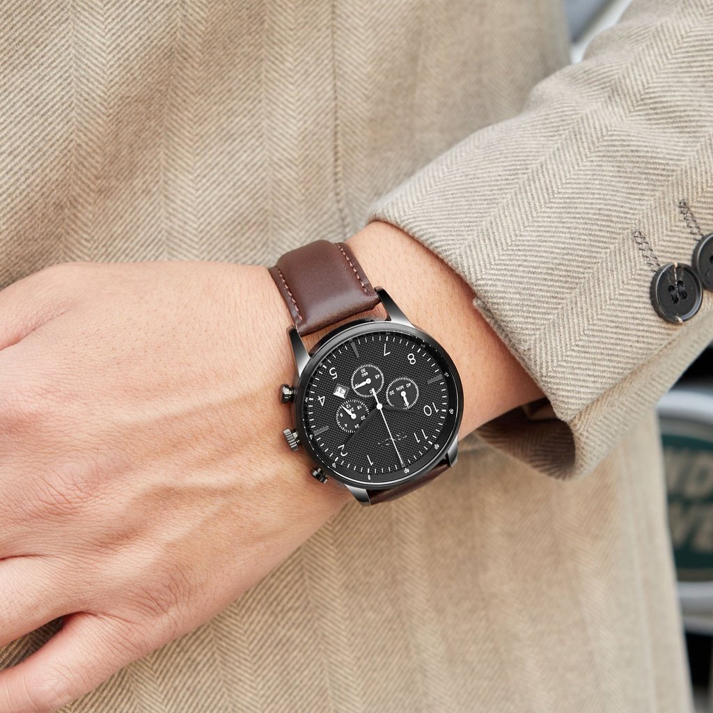 TRNDA STAINLESS STEEL 43MM MEN'S WATCH - CHARCOAL BLACK DIAL & BROWN LEATHER BAND