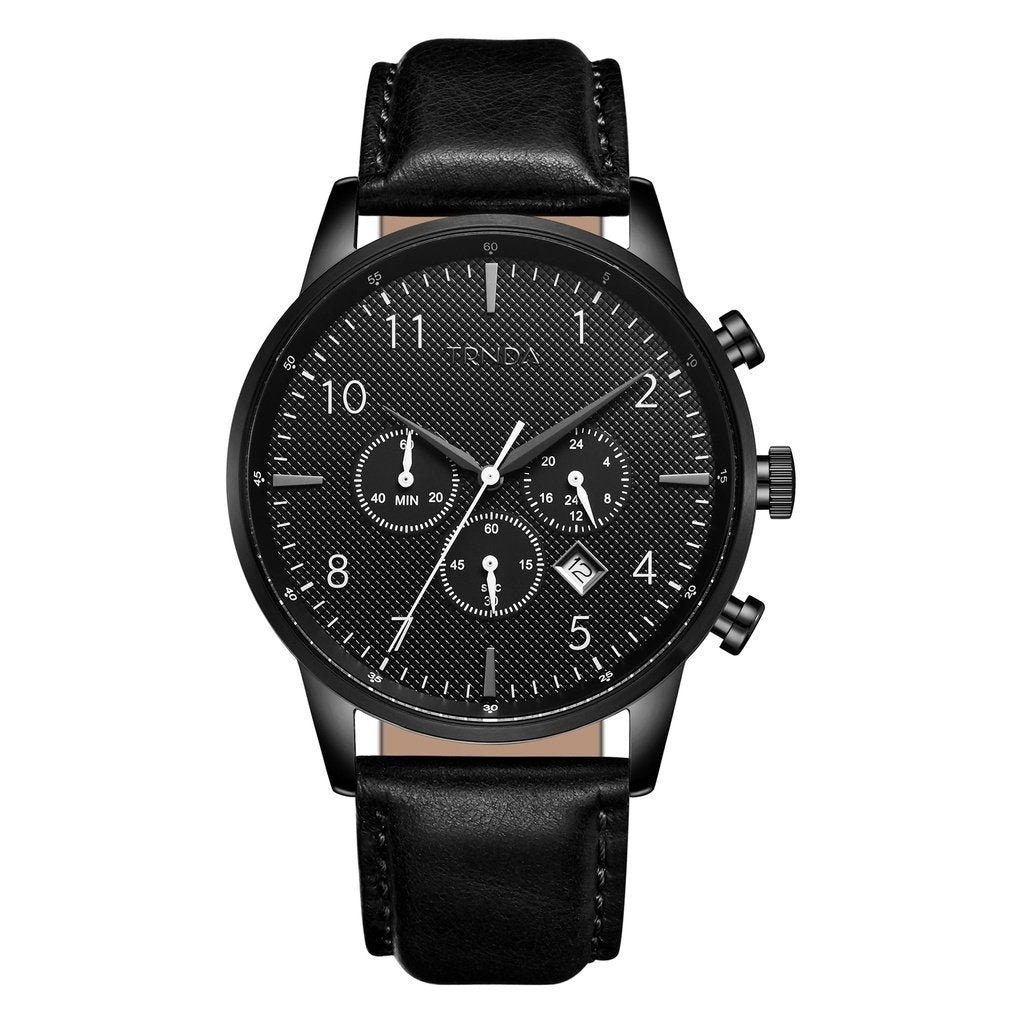 TRNDA STAINLESS STEEL MEN'S WATCH - ELEGANT CHARCOAL BLACK DIAL & LEATHER BAND