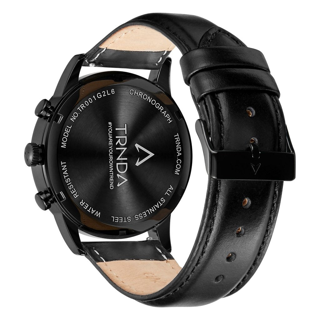 TRNDA STAINLESS STEEL MEN'S WATCH - ELEGANT CHARCOAL BLACK DIAL & LEATHER BAND