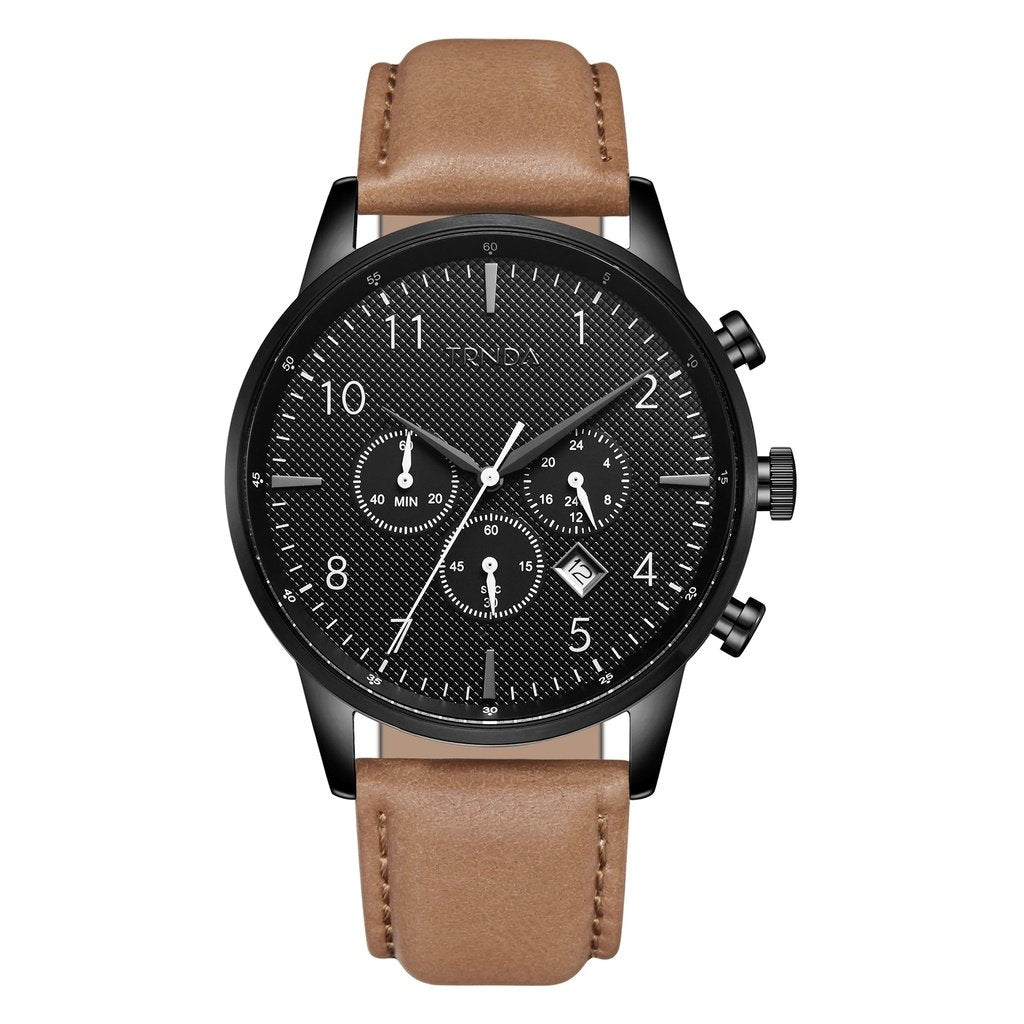 TRNDA STAINLESS STEEL MEN'S WATCH - CHARCOAL BLACK DIAL WITH TAN LEATHER BAND