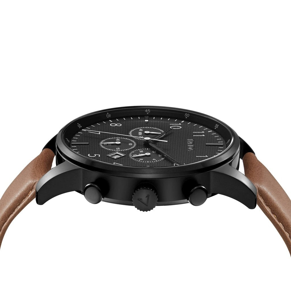 TRNDA STAINLESS STEEL MEN'S WATCH - CHARCOAL BLACK DIAL WITH TAN LEATHER BAND