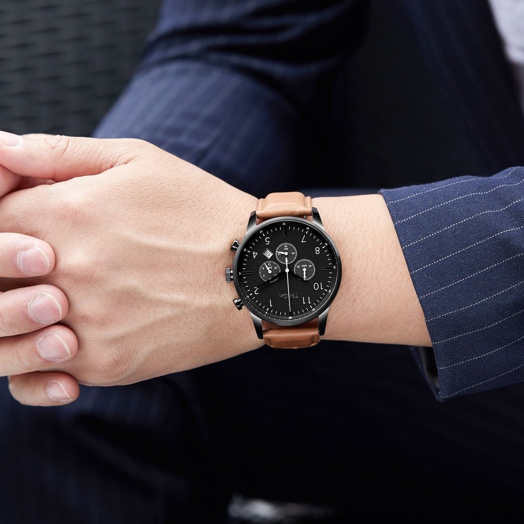 TRNDA STAINLESS STEEL MEN'S WATCH - CHARCOAL BLACK DIAL WITH TAN LEATHER BAND