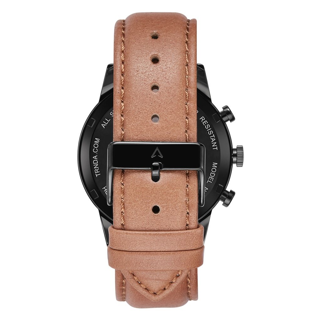 TRNDA STAINLESS STEEL MEN'S WATCH - CHARCOAL BLACK DIAL WITH TAN LEATHER BAND