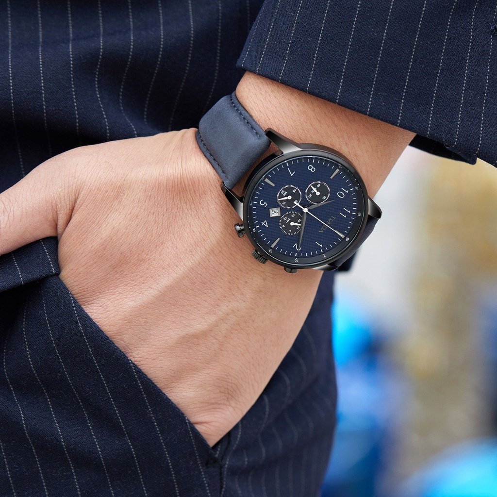 TRNDA STAINLESS STEEL MEN'S WATCH - ELEGANT CHARCOAL DIAL & BLUE LEATHER BAND