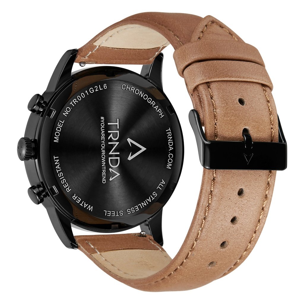 TRNDA STAINLESS STEEL MEN'S WATCH - TIMELESS BLACK & TAN LEATHER FASHION STATEMENT 43MM