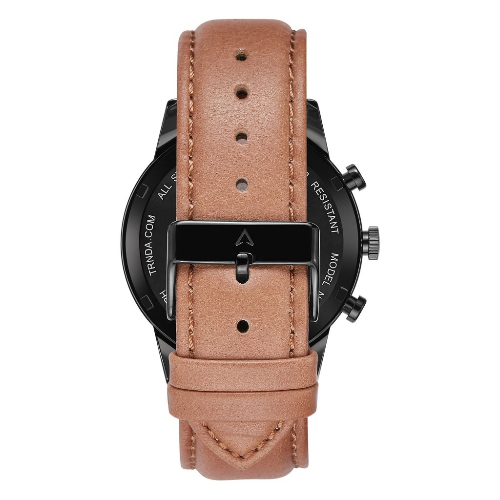 TRNDA STAINLESS STEEL MEN'S WATCH - TIMELESS BLACK & TAN LEATHER FASHION STATEMENT 43MM