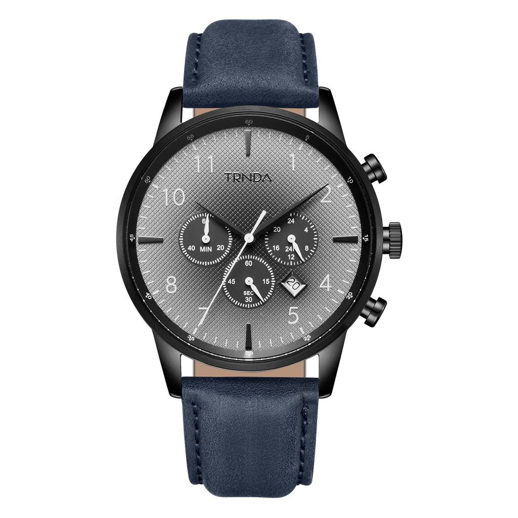 TRNDA STAINLESS STEEL MEN'S WATCH - BLACK CASE & BLUE LEATHER BAND - TIMELESS STYLE