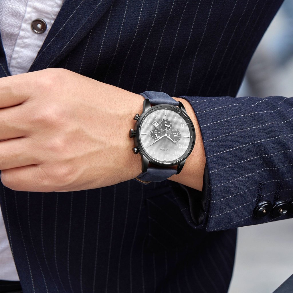 TRNDA STAINLESS STEEL MEN'S WATCH - BLACK CASE & BLUE LEATHER BAND - TIMELESS STYLE