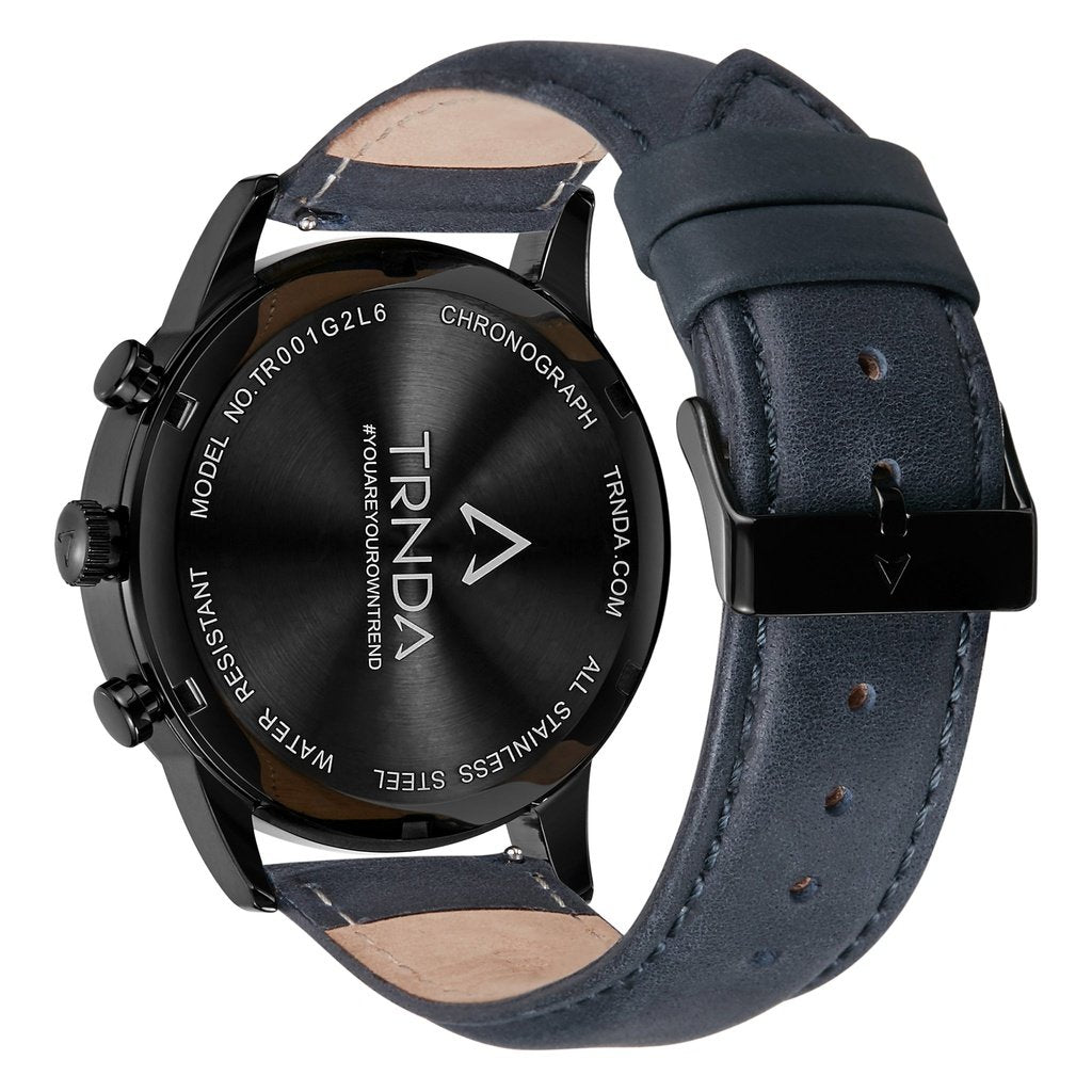TRNDA STAINLESS STEEL MEN'S WATCH - BLACK CASE & BLUE LEATHER BAND - TIMELESS STYLE