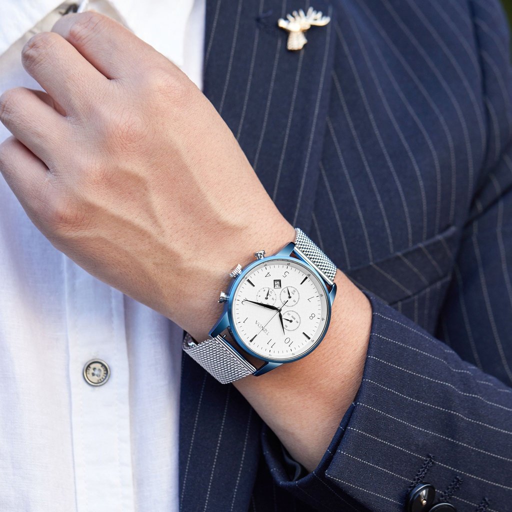 TRNDA 43MM BLUE STAINLESS STEEL MESH DIAL - TRENDY MEN'S WATCH FOR A TIMELESS STYLE