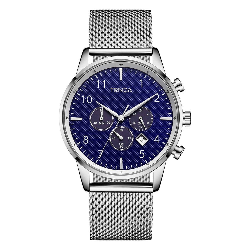 TRNDA MEN'S TIMEPIECE - STAINLESS STEEL SILVER MESH WITH DARK BLUE DIAL - TRENDY STYLE STATEMENT