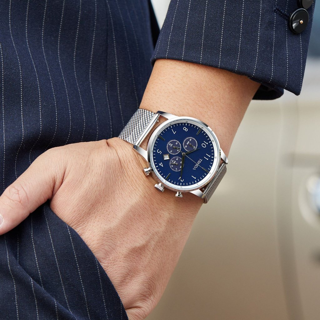 TRNDA MEN'S TIMEPIECE - STAINLESS STEEL SILVER MESH WITH DARK BLUE DIAL - TRENDY STYLE STATEMENT