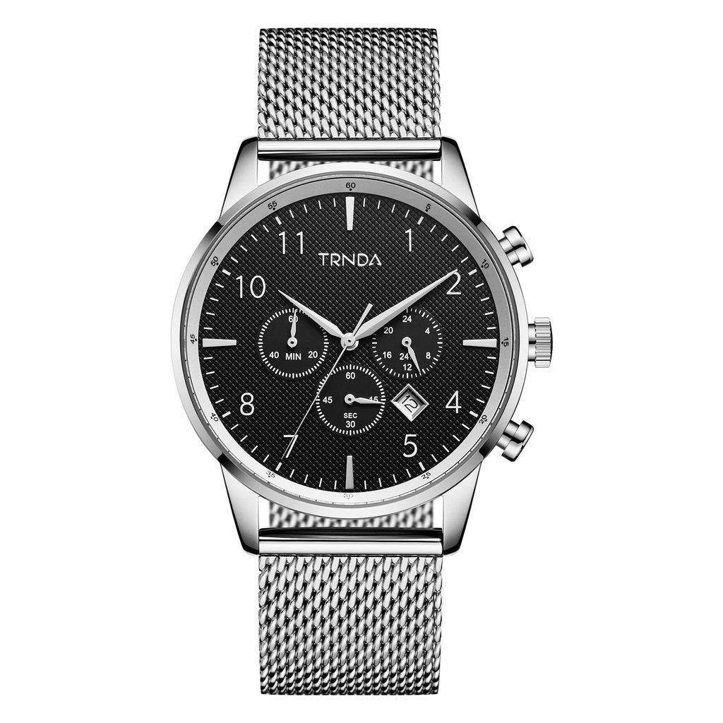TRNDA STYLISH MEN'S WATCH - TIMELESS SILVER 43MM STAINLESS STEEL WITH CHARCOAL DIAL & MESH BAND