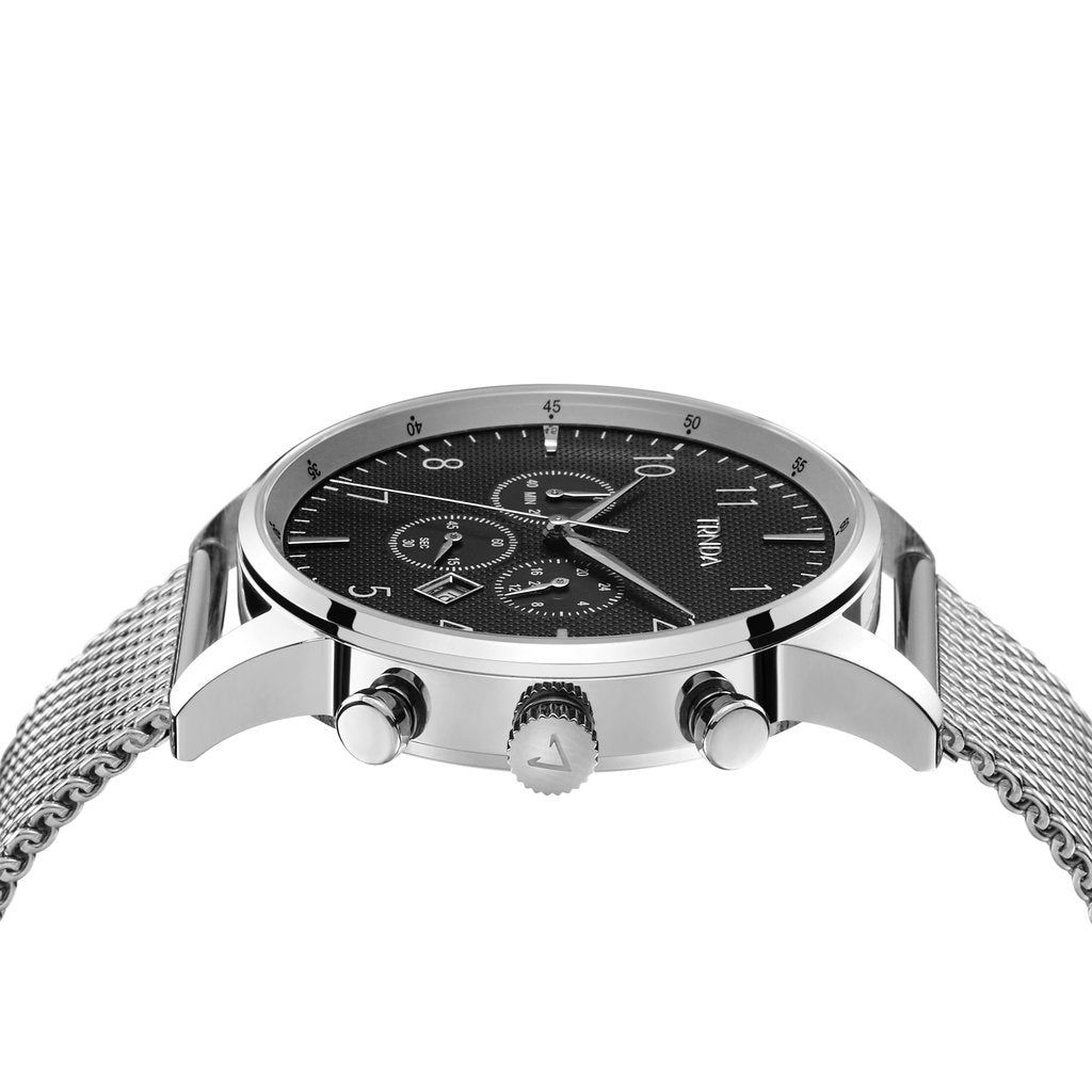 TRNDA STYLISH MEN'S WATCH - TIMELESS SILVER 43MM STAINLESS STEEL WITH CHARCOAL DIAL & MESH BAND