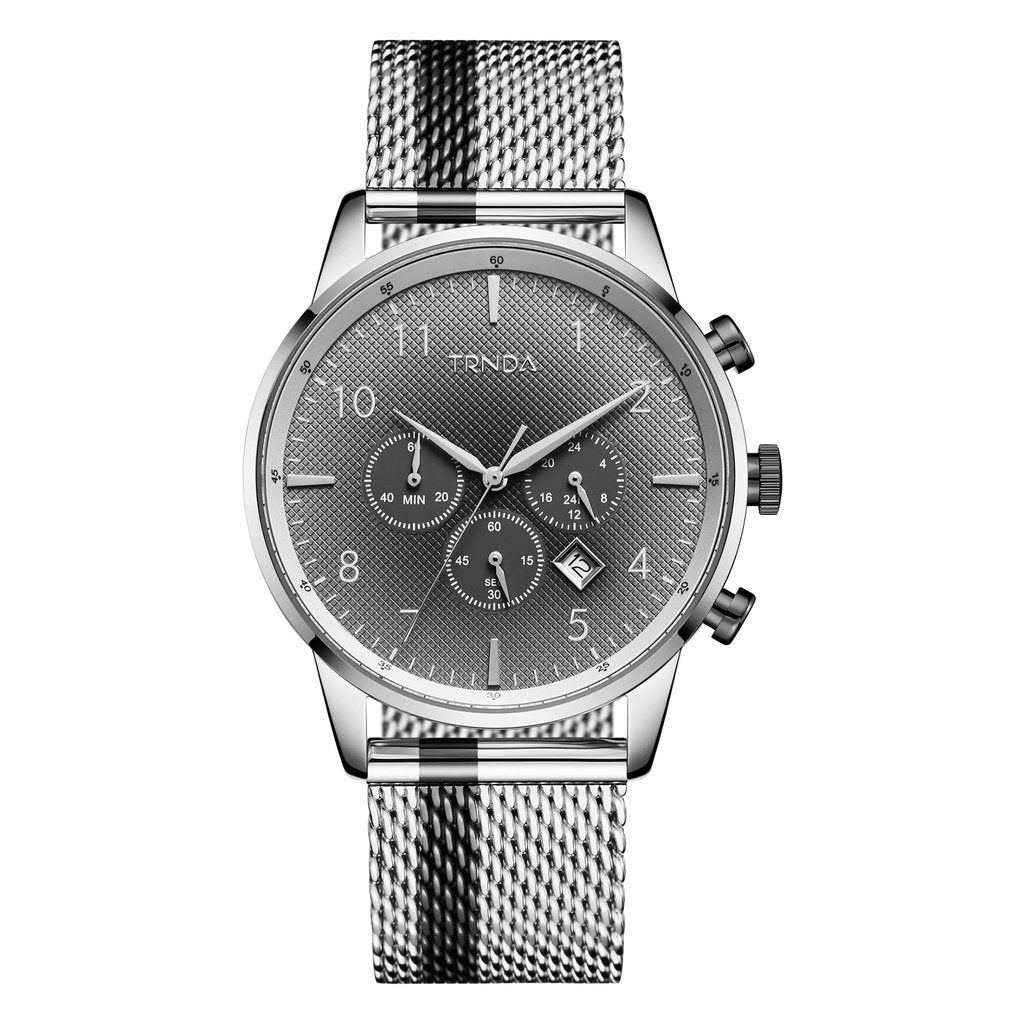 TRNDA STAINLESS STEEL MENS WATCH - ELEGANT GRADIENT GRAY DIAL & MESH BAND