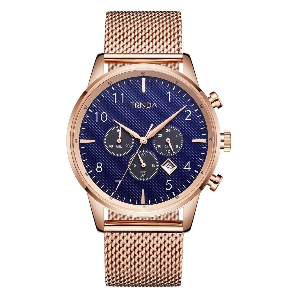 TRNDA ROSE GOLD MESH STAINLESS STEEL - ELEGANT TIMEPIECE FOR MEN WITH DARK BLUE DIAL