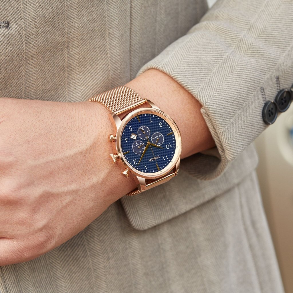 TRNDA ROSE GOLD MESH STAINLESS STEEL - ELEGANT TIMEPIECE FOR MEN WITH DARK BLUE DIAL