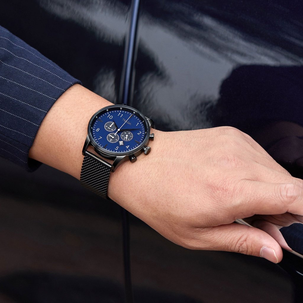 TRNDA STAINLESS STEEL MEN'S WATCH - TIMELESS FASHION WITH DARK BLUE DIAL & BLACK MESH BAND