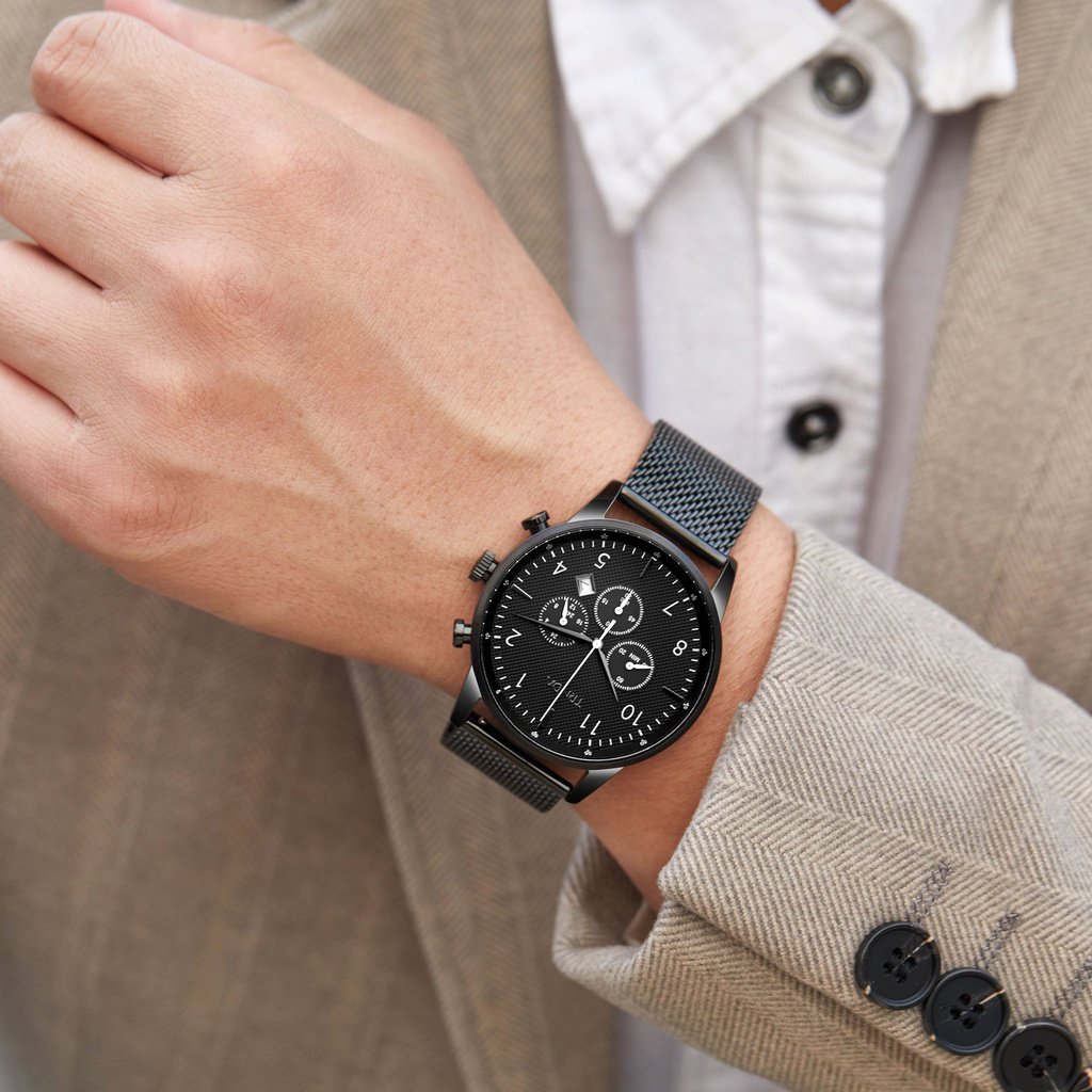 TRNDA STAINLESS STEEL MENS WATCH - TIMELESS CHARCOAL BLACK DIAL WITH MESH BAND