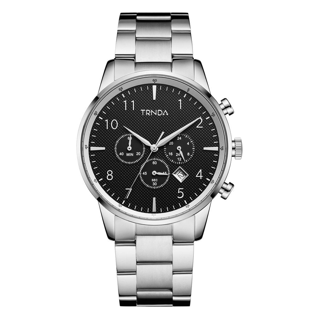 TRNDA TIMELESS STAINLESS STEEL MEN'S WATCH - CHARCOAL BLACK DIAL, SILVER BAND - MAKE YOUR STATEMENT!