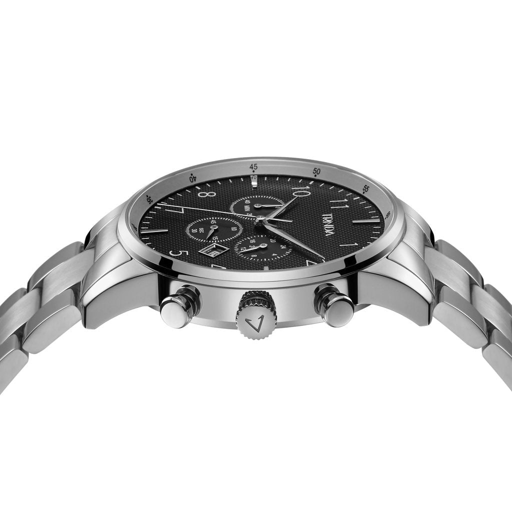 TRNDA TIMELESS STAINLESS STEEL MEN'S WATCH - CHARCOAL BLACK DIAL, SILVER BAND - MAKE YOUR STATEMENT!