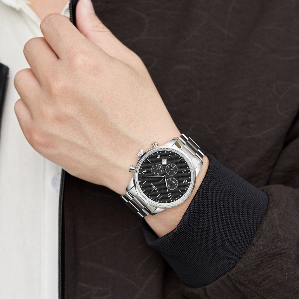 TRNDA TIMELESS STAINLESS STEEL MEN'S WATCH - CHARCOAL BLACK DIAL, SILVER BAND - MAKE YOUR STATEMENT!