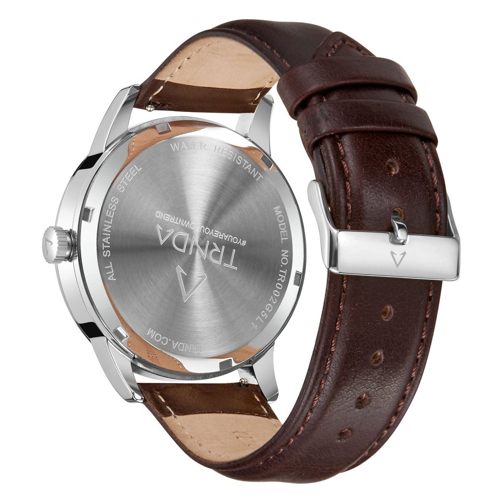 TRNDA STAINLESS STEEL CLASSIC - TIMELESS MEN'S WATCH with Brown Leather Band & Unique Black Dial