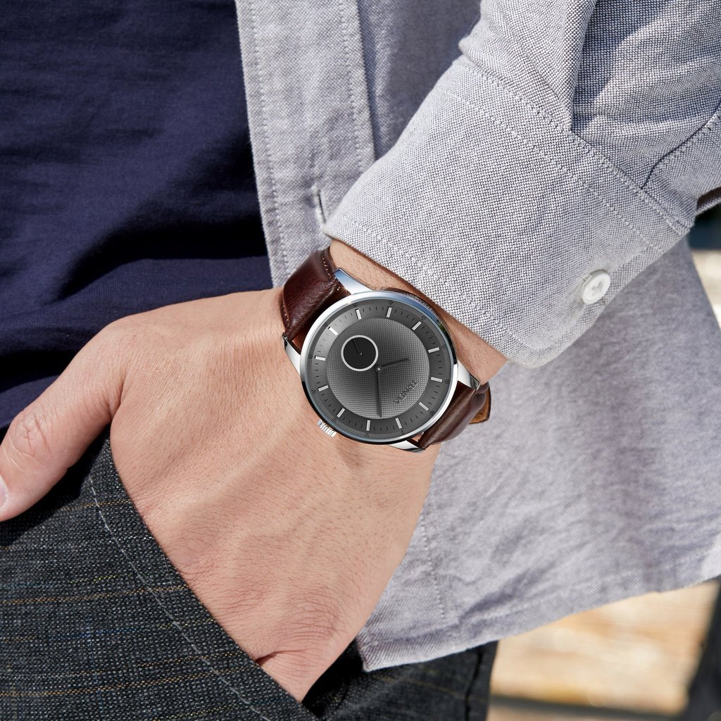 TRNDA STAINLESS STEEL CLASSIC - TIMELESS MEN'S WATCH with Brown Leather Band & Unique Black Dial