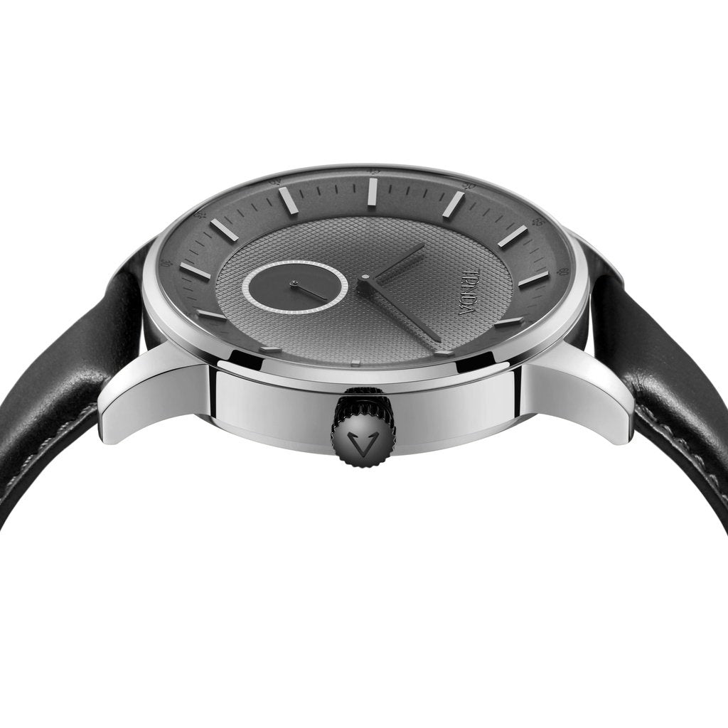 TRNDA MEN'S STAINLESS STEEL TIMEPIECE - GRADIENT LIGHT GRAY DIAL & BLACK LEATHER BAND