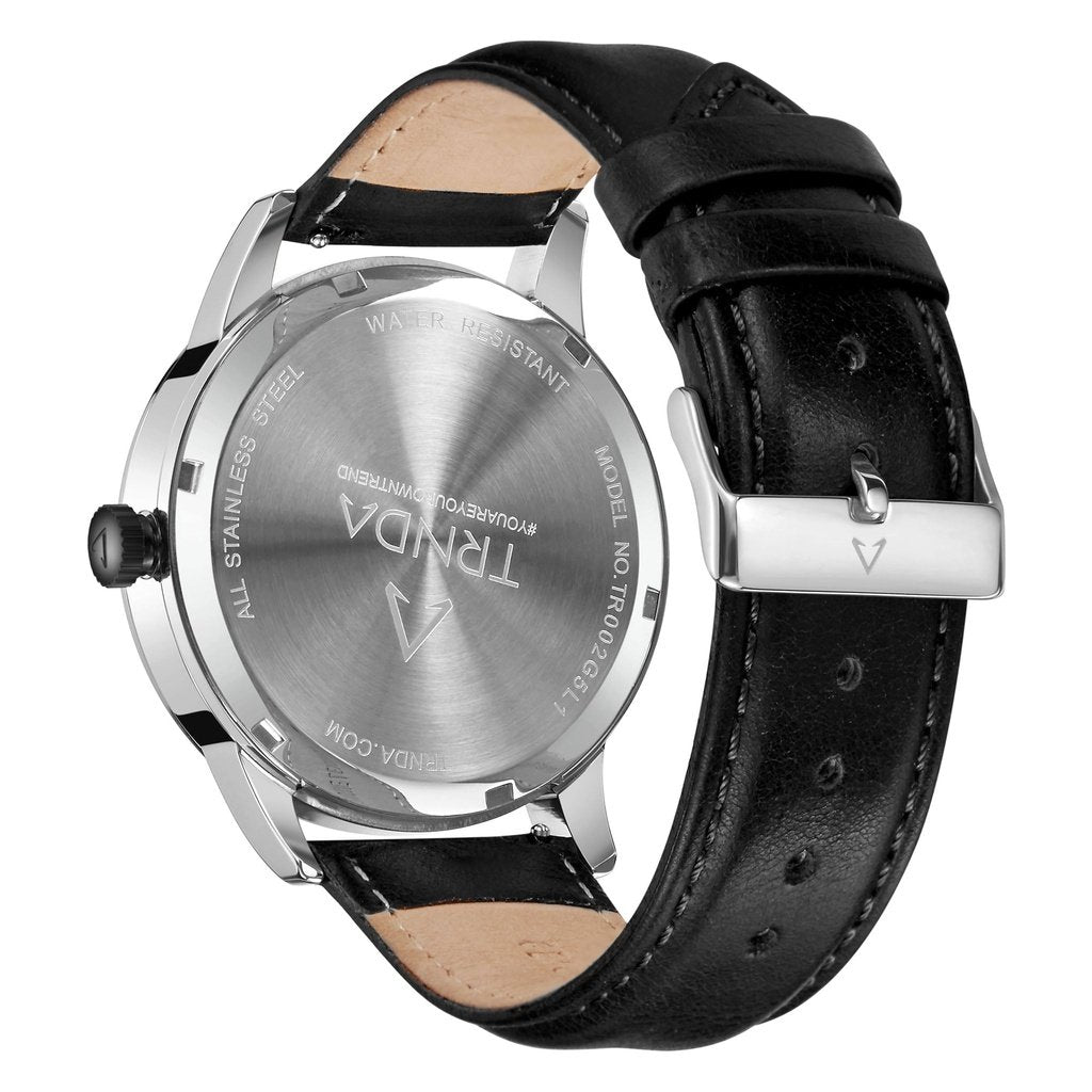 TRNDA MEN'S STAINLESS STEEL TIMEPIECE - GRADIENT LIGHT GRAY DIAL & BLACK LEATHER BAND