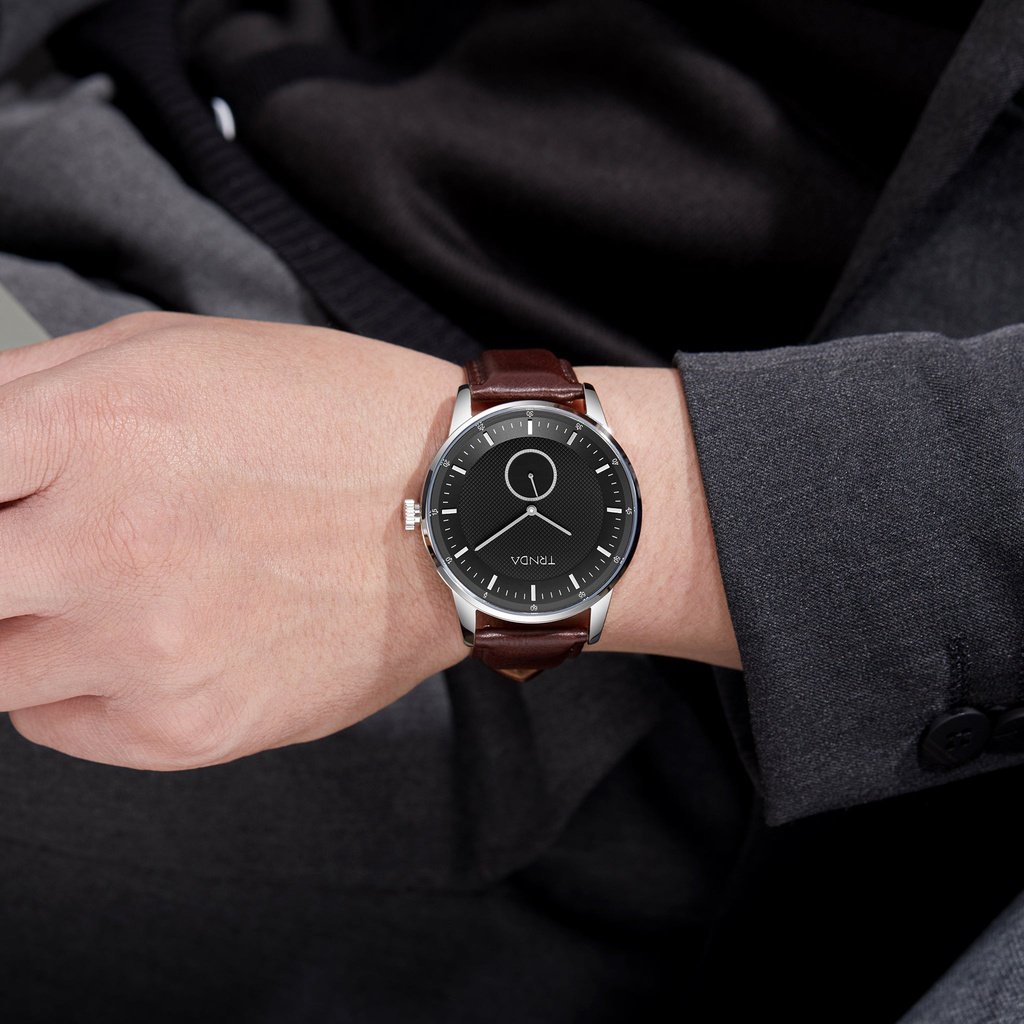 TRNDA MEN'S STAINLESS STEEL TIMEPIECE - ELEGANT BLACK DIAL & BROWN LEATHER BAND