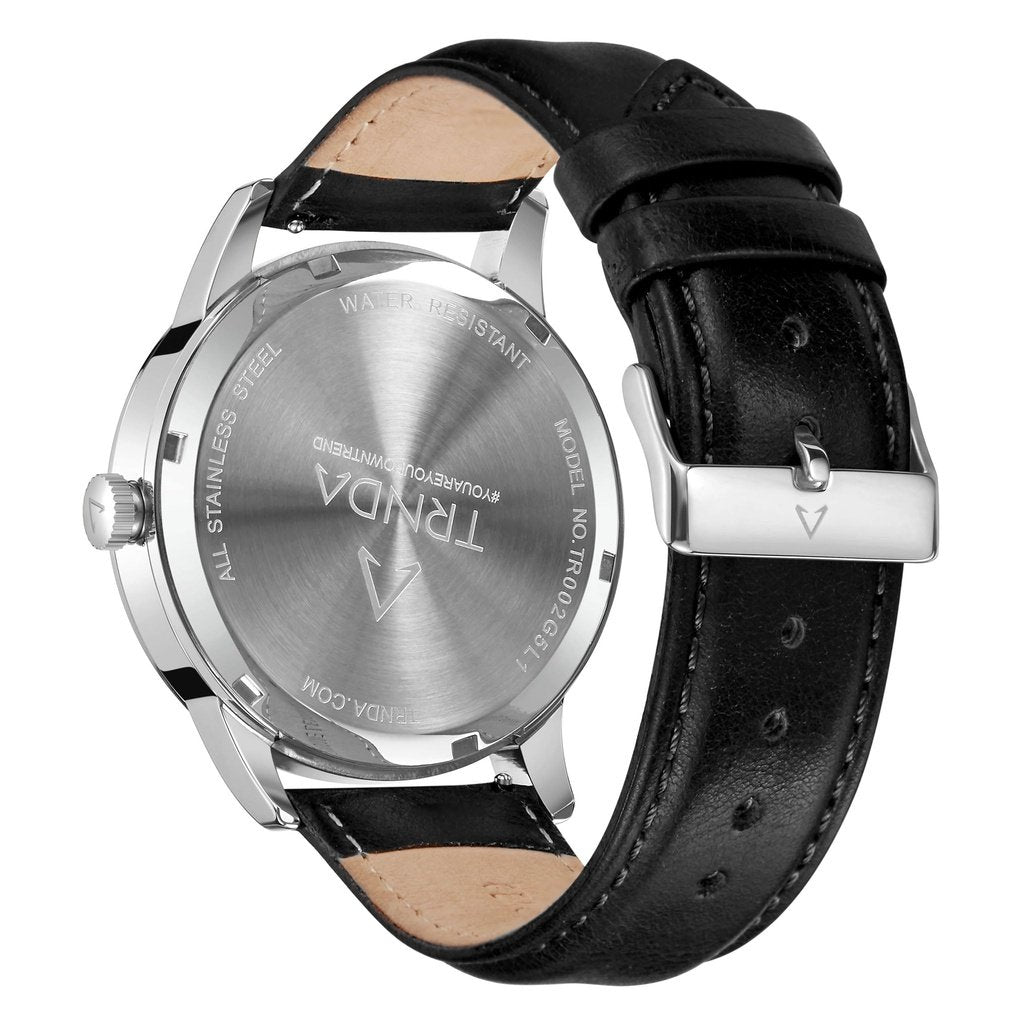 TRNDA STAINLESS STEEL TIMEPIECE - ELEGANT BLACK DIAL & LEATHER STRAP Men's Watch