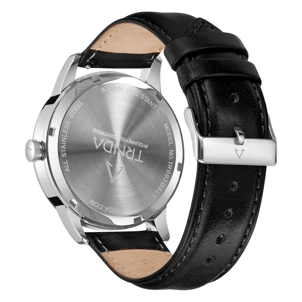 TRNDA STAINLESS STEEL 43MM MEN'S WATCH - TIMELESS STYLE WITH GRADIENT GRAY DIAL & BLACK LEATHER BAND