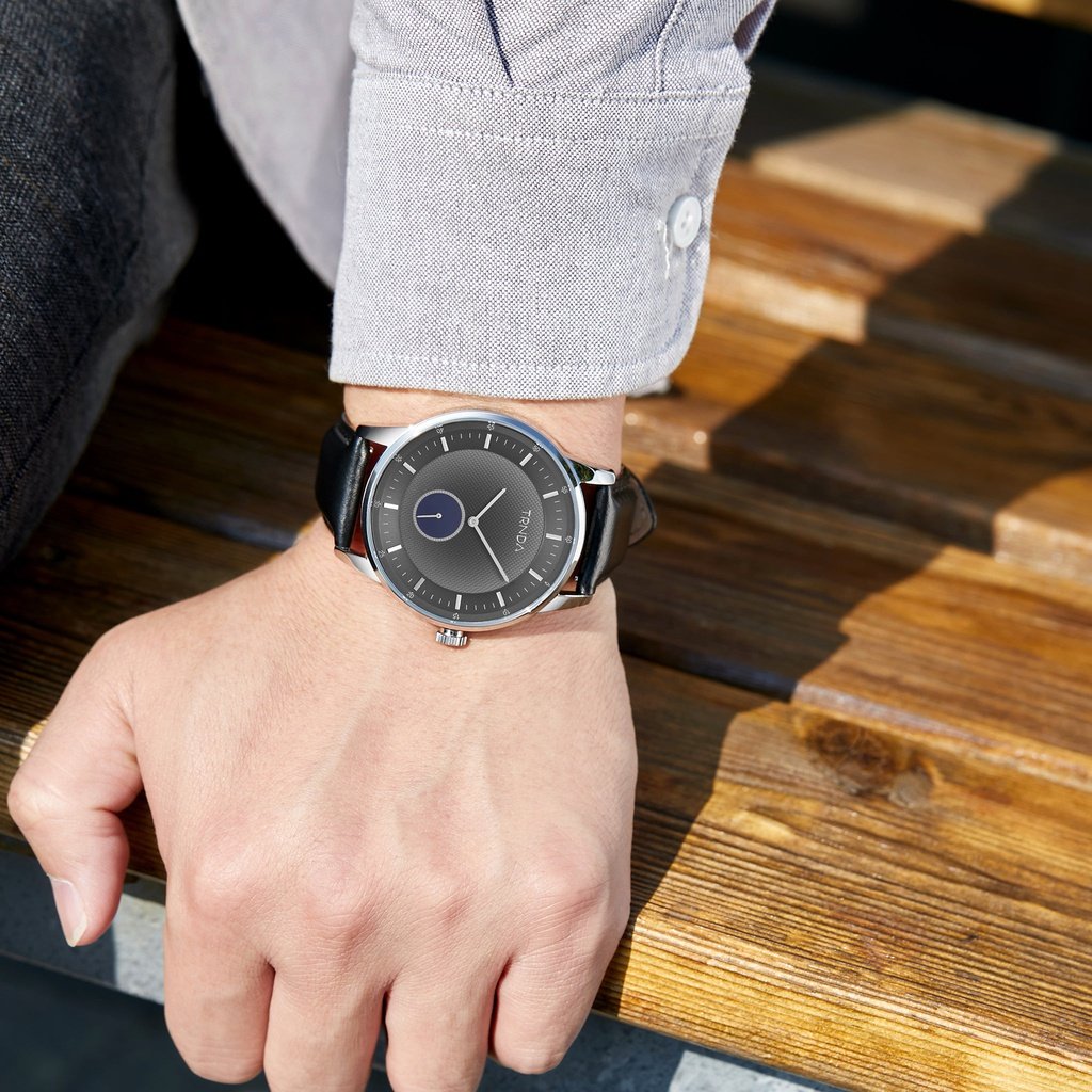 TRNDA TRENDY STAINLESS STEEL 43MM - ELEGANT GRADIENT DIAL MEN'S WATCH WITH BLACK LEATHER BAND