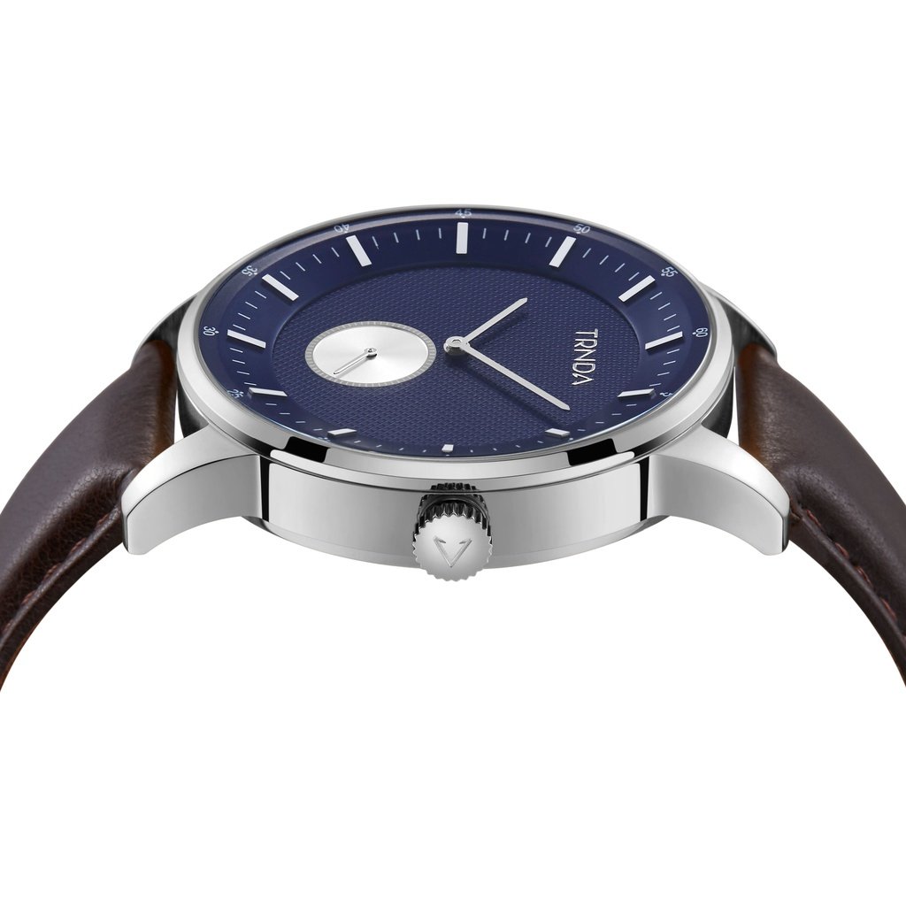 TRNDA STAINLESS STEEL MEN'S WATCH - TIMELESS BLUE DIAL & BROWN LEATHER BAND FASHION STATEMENT