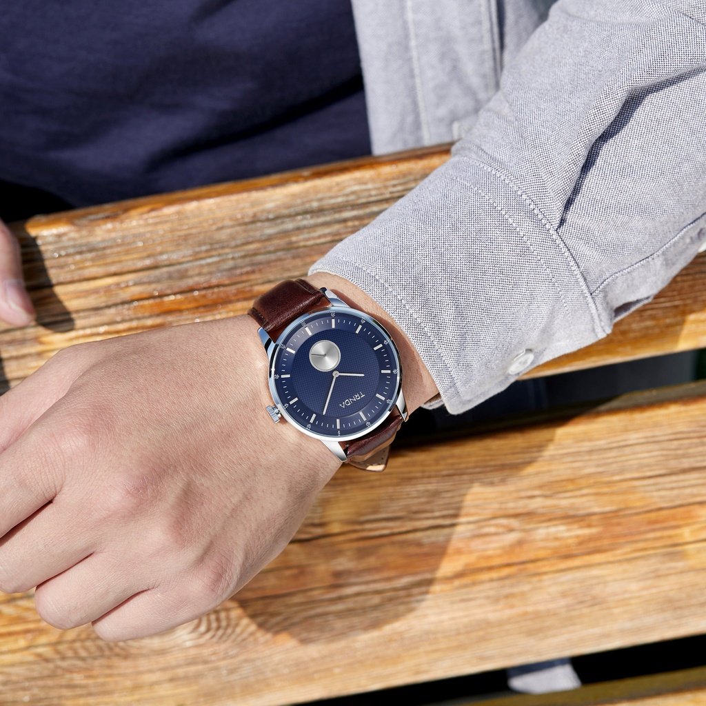TRNDA STAINLESS STEEL MEN'S WATCH - TIMELESS BLUE DIAL & BROWN LEATHER BAND FASHION STATEMENT