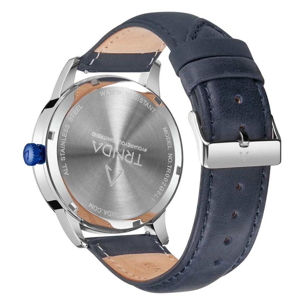 TRNDA MEN'S STAINLESS STEEL TIMEPIECE - ELEGANT BLUE LEATHER & GRADIENT DIAL WATCH