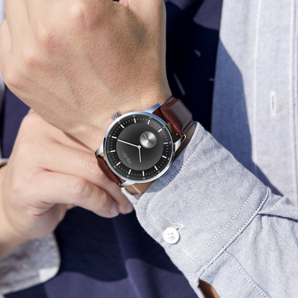 TRNDA STAINLESS STEEL 43MM MEN'S WATCH - TIMELESS ELEGANCE WITH GRADIENT DIAL & LEATHER BAND