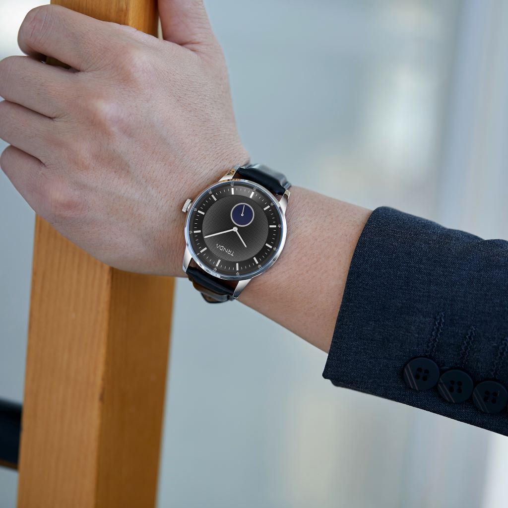 TRNDA STAINLESS STEEL 43MM MEN'S WATCH - BLACK LEATHER BAND & GRADIENT GRAY DIAL