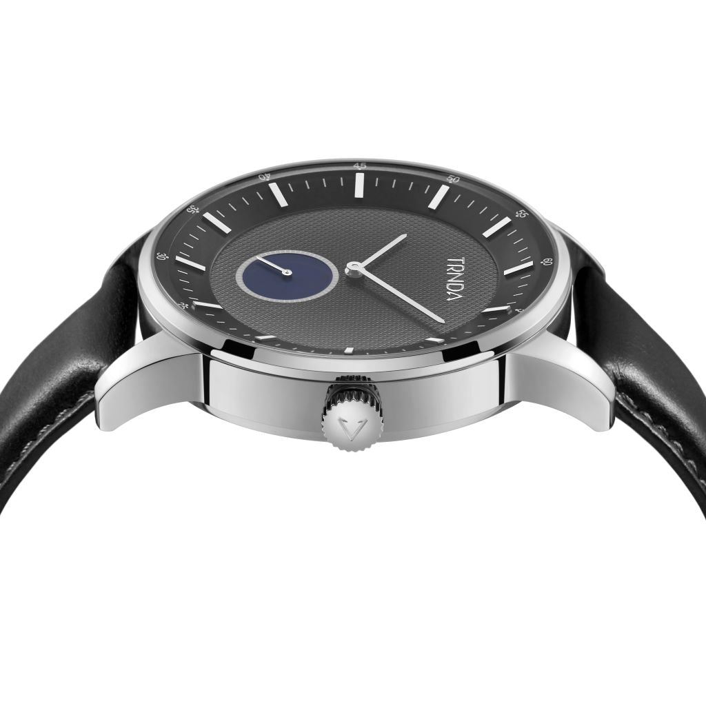 TRNDA STAINLESS STEEL 43MM MEN'S WATCH - BLACK LEATHER BAND & GRADIENT GRAY DIAL
