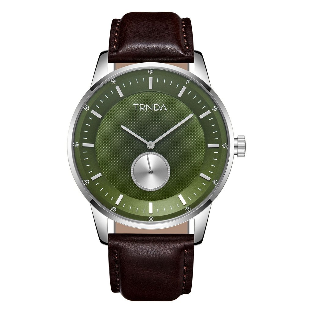 TRNDA Men's Stainless Steel Watch - Timeless Seaweed Green Dial & Brown Leather Band