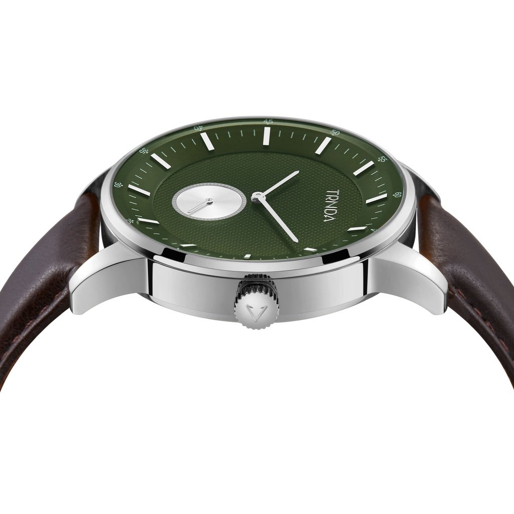 TRNDA Men's Stainless Steel Watch - Timeless Seaweed Green Dial & Brown Leather Band