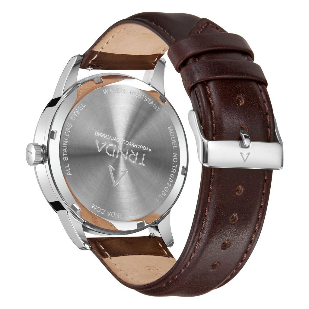TRNDA Men's Stainless Steel Watch - Timeless Seaweed Green Dial & Brown Leather Band
