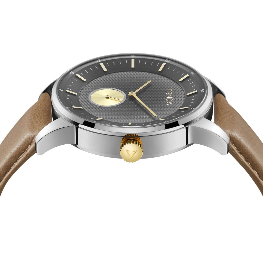 TRNDA STAINLESS STEEL 43MM MEN'S WATCH - ELEGANT GRADIENT LIGHT GRAY DIAL & TAN LEATHER BAND