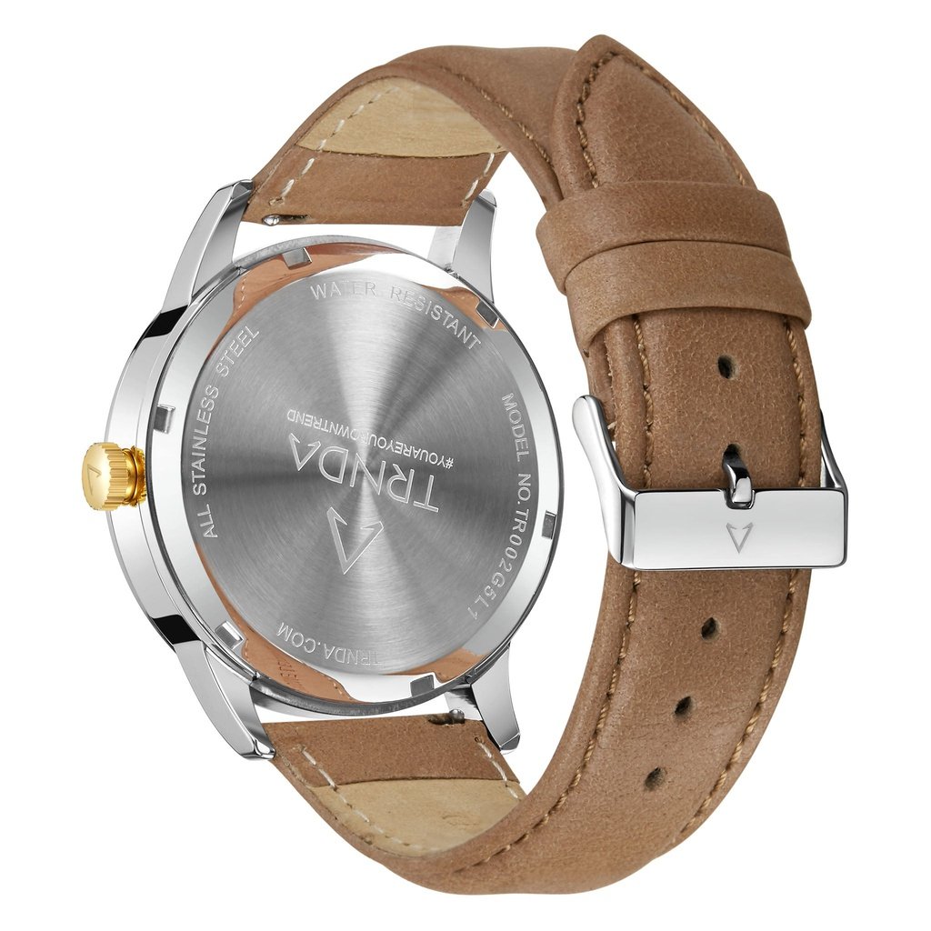 TRNDA STAINLESS STEEL 43MM MEN'S WATCH - ELEGANT GRADIENT LIGHT GRAY DIAL & TAN LEATHER BAND