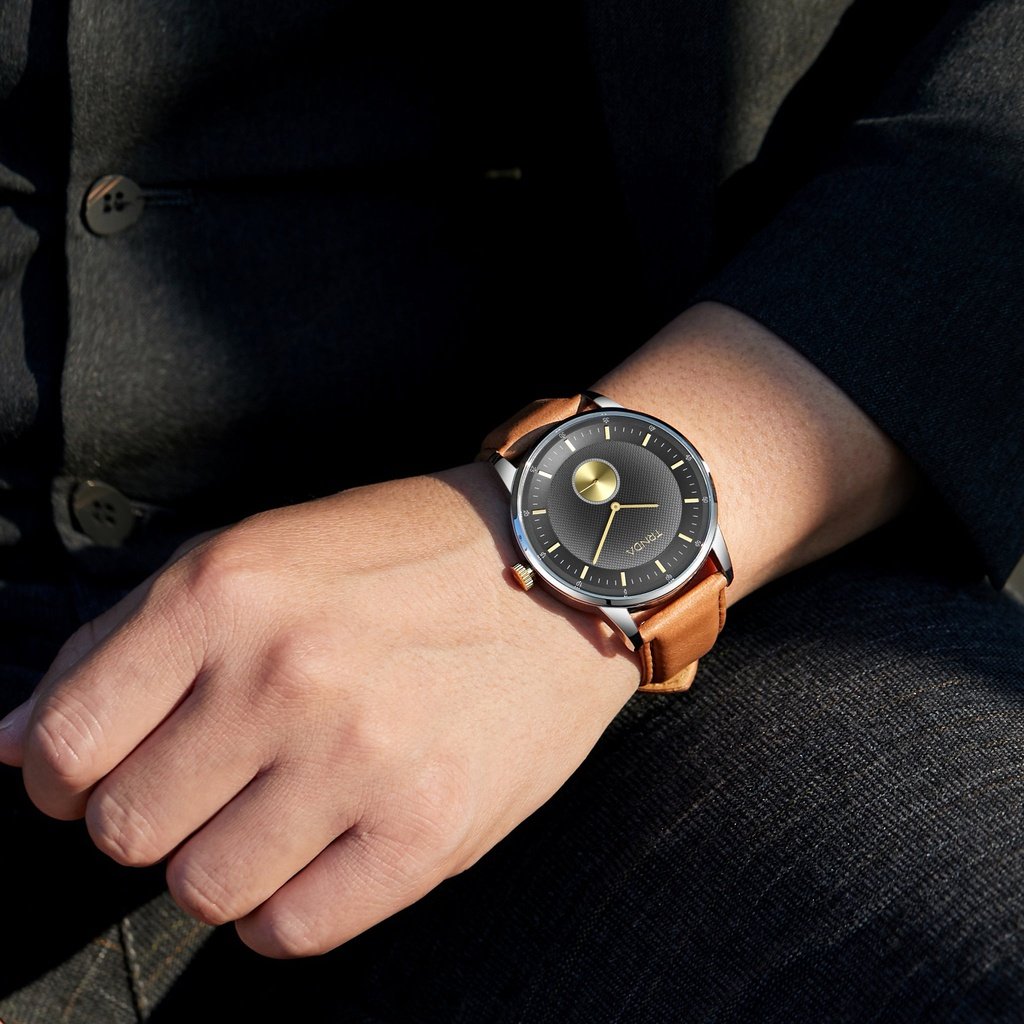 TRNDA STAINLESS STEEL 43MM MEN'S WATCH - ELEGANT GRADIENT LIGHT GRAY DIAL & TAN LEATHER BAND