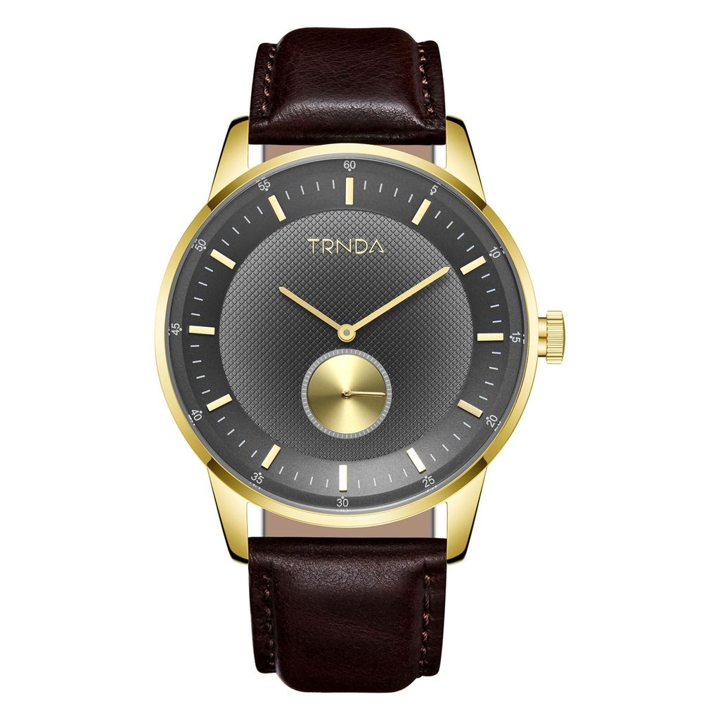 TRNDA MEN'S SIGNATURE STAINLESS STEEL WATCH - GOLD CASE & BROWN LEATHER BAND, GRADIENT DIAL