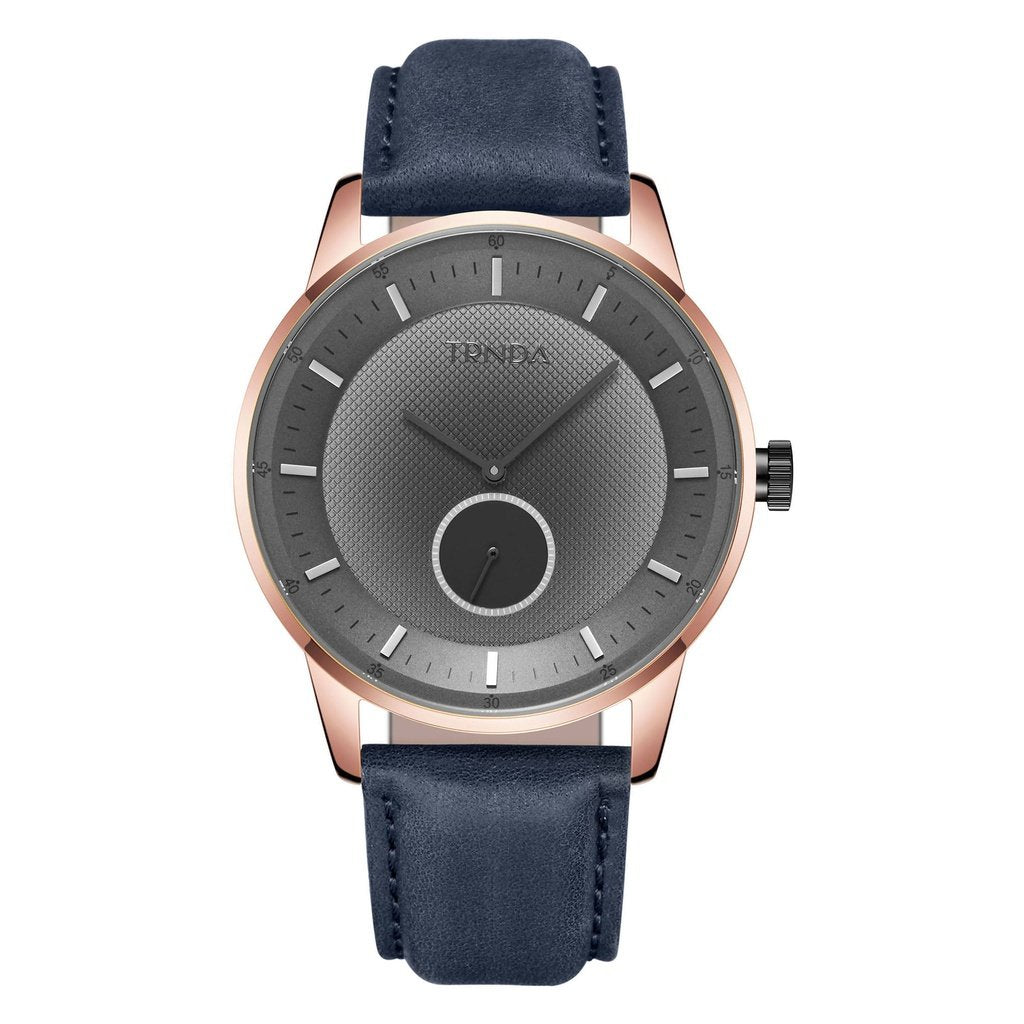 TRNDA ROSE GOLD STAINLESS STEEL MEN'S WATCH - GRADIENT GRAY DIAL & BROWN LEATHER BAND